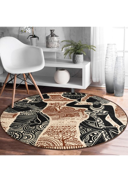 Real Homes Etnik Desen Zeminli Afrika Kadın Motifli Kahverengi Outdoor Yıkanabilir Kaymaz Tabanlı Yuvarlak Halı