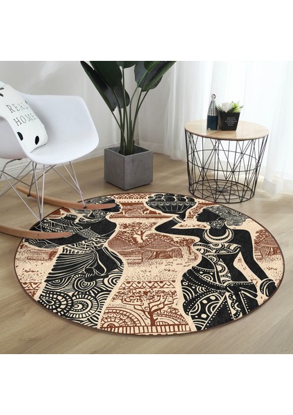 Real Homes Etnik Desen Zeminli Afrika Kadın Motifli Kahverengi Outdoor Yıkanabilir Kaymaz Tabanlı Yuvarlak Halı fırsatları