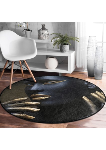 Real Homes African Gold Kadın Özel Tasarımlı Siyah Salon ve Oturma Odası Yıkanabilir Kaymaz Tabanlı Yuvarlak Halı