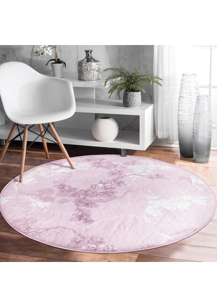 Real Homes Pembe Zeminde Sarmaşık Desenli Dijital Baskılı Modern Yatak Odası Yıkanabilir Kaymaz Tabanlı Yuvarlak Halı