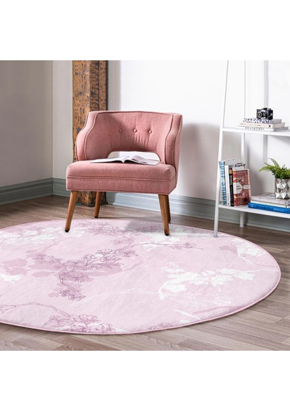 Real Homes Pembe Zeminde Sarmaşık Desenli Dijital Baskılı Modern Yatak Odası Yıkanabilir Kaymaz Tabanlı Yuvarlak Halı modelleri