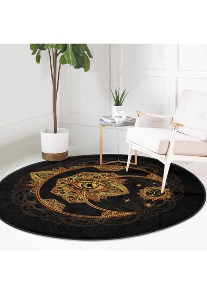 Real Homes Siyah Zeminde Gold Hilal Içerisinde Üçüncü Göz Motifli Salon ve Oturma Odası Yıkanabilir Kaymaz Tabanlı Yuvarlak Halı fiyatları