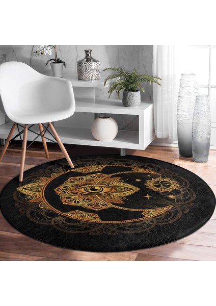 Real Homes Siyah Zeminde Gold Hilal Içerisinde Üçüncü Göz Motifli Salon ve Oturma Odası Yıkanabilir Kaymaz Tabanlı Yuvarlak Halı fırsatları