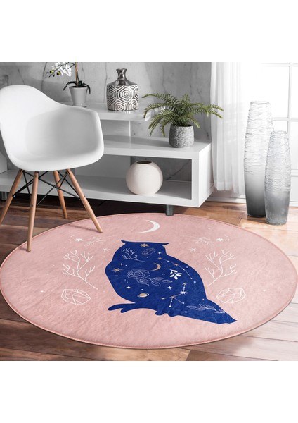 Real Homes Bej Pembe Zeminde Mavi Baykuş Motifli Salon ve Oturma Odası Yıkanabilir Kaymaz Tabanlı Yuvarlak Halı fiyatları