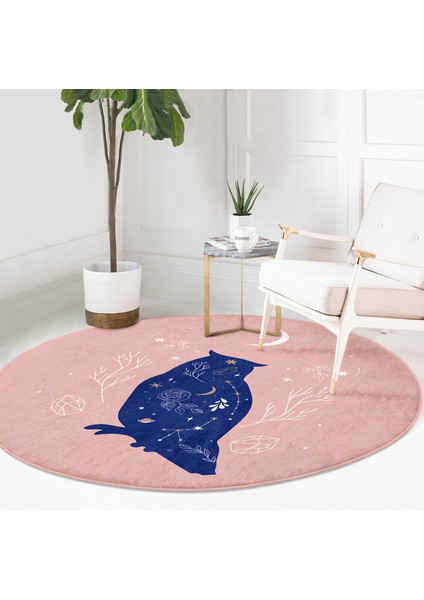 Real Homes Bej Pembe Zeminde Mavi Baykuş Motifli Salon ve Oturma Odası Yıkanabilir Kaymaz Tabanlı Yuvarlak Halı modelleri