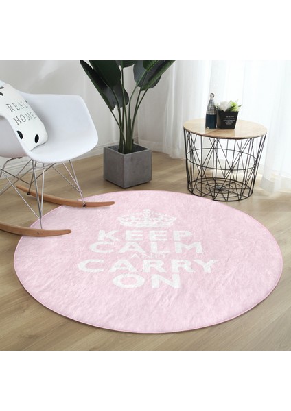 Real Homes Realhomes Dijital Baskılı Keep Calm And Carry On Pembe Yatak Odası Yıkanabilir Kaymaz Tabanlı Yuvarlak Kadife Halı