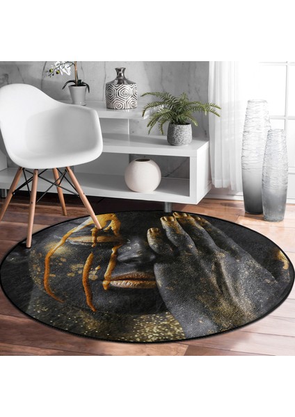 Real Homes Gold Afrika Woman Tasarımlı 3D Modern Siyah Salon ve Oturma Odası Yıkanabilir Kaymaz Tabanlı Yuvarlak Halı modelleri