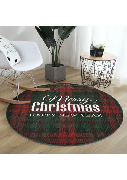 Real Homes Ekose Zeminde Merry Christmas Dijital Baskılı Bordo Salon ve Oturma Odası Yıkanabilir Kaymaz Tabanlı Yuvarlak Halı