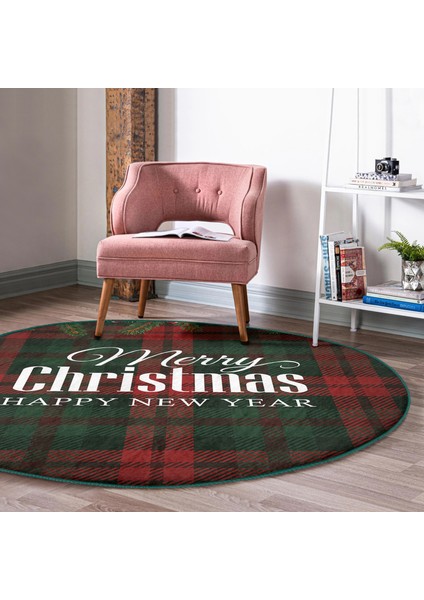 Real Homes Ekose Zeminde Merry Christmas Dijital Baskılı Bordo Salon ve Oturma Odası Yıkanabilir Kaymaz Tabanlı Yuvarlak Halı fırsatları