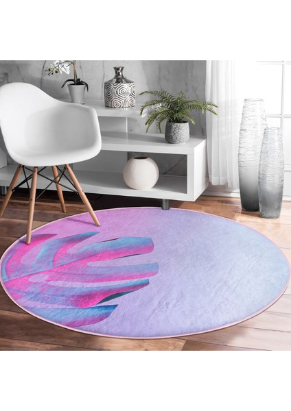 Real Homes Realhomes Neon Zeminli Devetabanı Motifli Pembe Yatak Odası Yıkanabilir Kaymaz Tabanlı Yuvarlak Halı