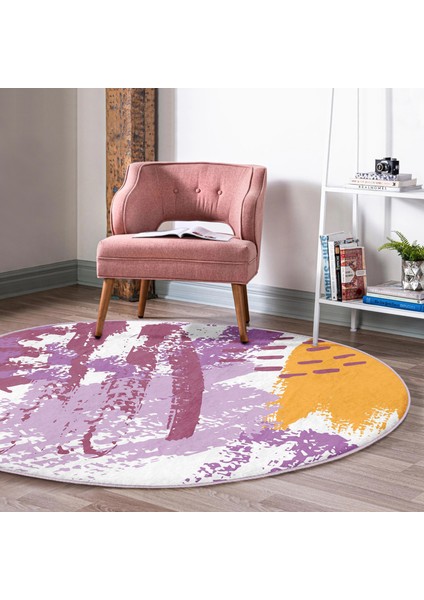Real Homes Renkli Soyut Özel Tasarımlı Dijital Baskılı Pembe Salon ve Oturma Odası Yıkanabilir Kaymaz Tabanlı Yuvarlak Halı
