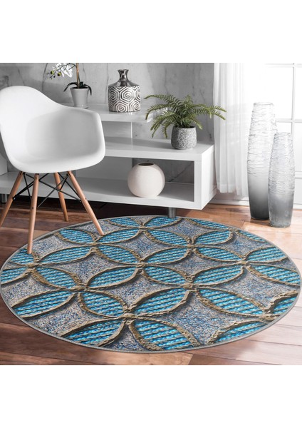Real Homes Kabartma Yüzey Geometrik Desenli Dijital Baskılı Gri Salon ve Oturma Odası Yıkanabilir Kaymaz Tabanlı Yuvarlak Halı