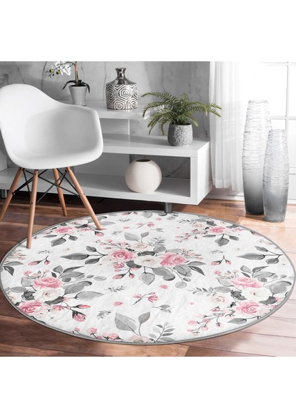 Real Homes Pastel Zeminde Siyah Puantiye Desenli Dijital Baskılı Modern Pembe Salon ve Oturma Odası Yıkanabilir Kaymaz Tabanlı Yuvarlak Halı modelleri