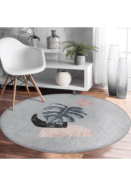 Real Homes Gri Zeminde Tropik Yaprak Desen Dijital Baskılı Salon ve Oturma Odası Yıkanabilir Kaymaz Tabanlı Yuvarlak Halı fiyatları
