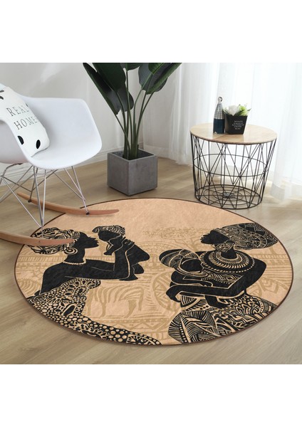Real Homes Etnik Desen Zeminli Bebekli Afrika Kadın Motifli Modern Kahverengi Outdoor Yıkanabilir Kaymaz Tabanlı Yuvarlak Halı fırsatları
