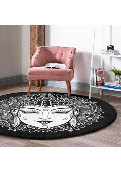 Real Homes Siyah Beyaz Otantik Woman Özel Tasarım Dijital Baskılı Salon ve Oturma Odası Yıkanabilir Kaymaz Tabanlı Yuvarlak Halı