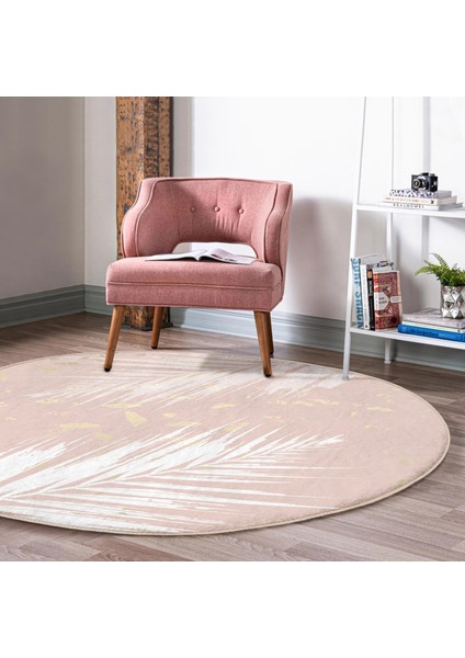 Real Homes Pastel Zeminli Gold Detaylı Yaprak Desenli Dijital Baskılı Modern Pembe Salon ve Oturma Odası Kaymaz Tabanlı Yuvarlak Halı