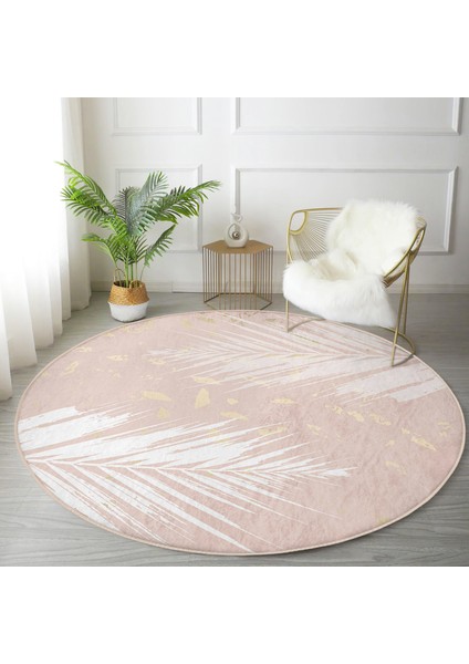 Real Homes Pastel Zeminli Gold Detaylı Yaprak Desenli Dijital Baskılı Modern Pembe Salon ve Oturma Odası Kaymaz Tabanlı Yuvarlak Halı modelleri