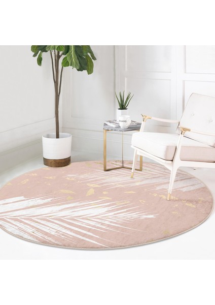 Real Homes Pastel Zeminli Gold Detaylı Yaprak Desenli Dijital Baskılı Modern Pembe Salon ve Oturma Odası Kaymaz Tabanlı Yuvarlak Halı fırsatları