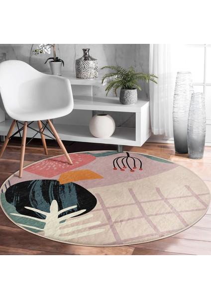 Real Homes Pastel Zeminde Geometrik Çizimli Çiçek Motifli Dijital Baskılı Modern Renkli Salon ve Oturma Odası Kaymaz Tabanlı Yuvarlak Halı