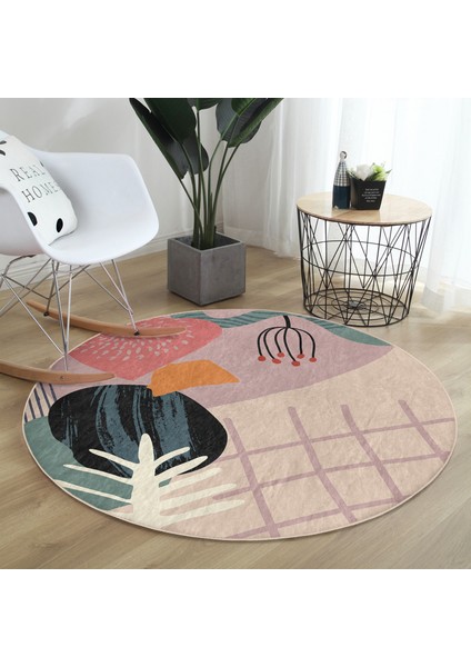 Real Homes Pastel Zeminde Geometrik Çizimli Çiçek Motifli Dijital Baskılı Modern Renkli Salon ve Oturma Odası Kaymaz Tabanlı Yuvarlak Halı