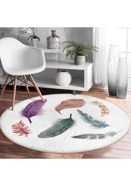 Real Homes Kuş Tüyü Resimli Dijital Baskılı Krem Salon ve Oturma Odası Yıkanabilir Kaymaz Tabanlı Yuvarlak Halı fırsatları