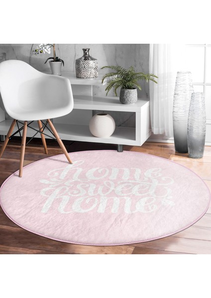 Real Homes Realhomes Home Sweet Dijital Baskılı Pembe Koridor ve Antre Yıkanabilir Kaymaz Tabanlı Yuvarlak Halı modelleri