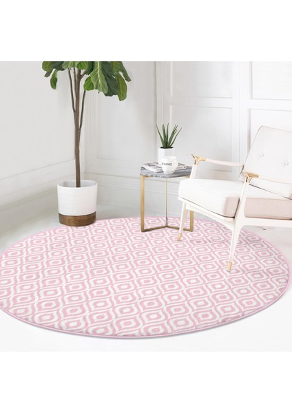 Real Homes Özel Tasarım Pembe Ikat Desenli Dijital Baskılı Salon ve Oturma Odası Yıkanabilir Kaymaz Tabanlı Yuvarlak Halı