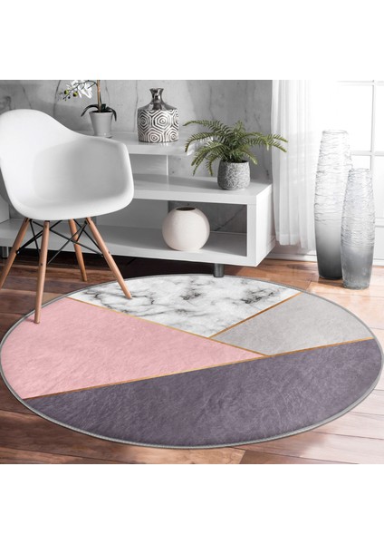 Real Homes Renkli Geometrik Desenli Mermer Motifli Dijital Baskılı Modern Pembe Banyo Yıkanabilir Kaymaz Tabanlı Yuvarlak Halı modelleri