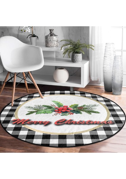 Real Homes Mery Christmas Ekose Temalı Dijital Baskılı Modern Bordo Banyo Yıkanabilir Kaymaz Tabanlı Yuvarlak Halı