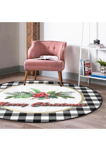 Real Homes Mery Christmas Ekose Temalı Dijital Baskılı Modern Bordo Banyo Yıkanabilir Kaymaz Tabanlı Yuvarlak Halı modelleri