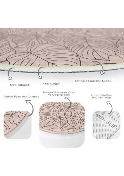 Real Homes Renkli Zeminli Yaprak Desenli Dijital Baskılı Modern Kahverengi Salon ve Oturma Odası Yıkanabilir Kaymaz Tabanlı Yuvarlak Halı