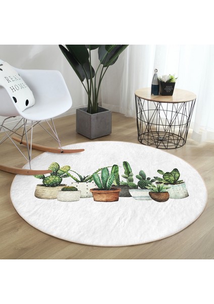 Real Homes Realhomes Beatiful Cactus Dijital Baskılı Yeşil Outdoor Yıkanabilir Kaymaz Tabanlı Yuvarlak Kadife Halı modelleri