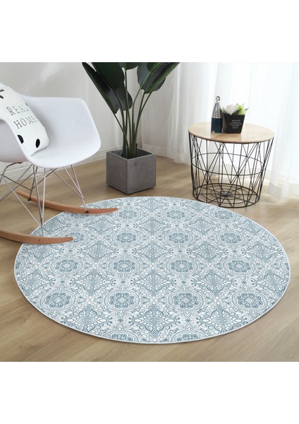 Real Homes Damask Figürlü Dijital Baskılı Lacivert Salon ve Oturma Odası Yıkanabilir Kaymaz Tabanlı Yuvarlak Halı modelleri