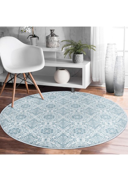 Real Homes Damask Figürlü Dijital Baskılı Lacivert Salon ve Oturma Odası Yıkanabilir Kaymaz Tabanlı Yuvarlak Halı fırsatları