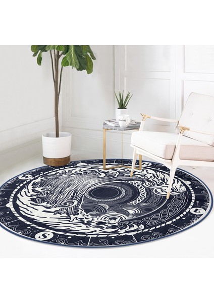 Real Homes Beyaz Zeminde Lacivert Pusula Motifli Salon ve Oturma Odası Yıkanabilir Kaymaz Tabanlı Yuvarlak Halı