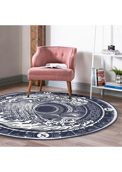 Real Homes Beyaz Zeminde Lacivert Pusula Motifli Salon ve Oturma Odası Yıkanabilir Kaymaz Tabanlı Yuvarlak Halı fiyatları