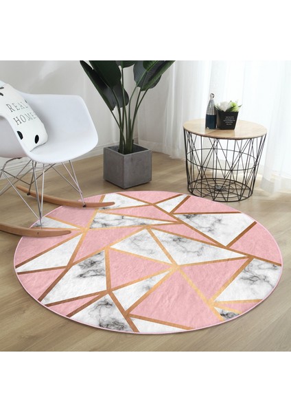 Real Homes Renkli Geometrik Desenli Mermer Motifli Dijital Baskılı Modern Pembe Banyo Yıkanabilir Kaymaz Tabanlı Yuvarlak Halı