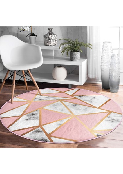 Real Homes Renkli Geometrik Desenli Mermer Motifli Dijital Baskılı Modern Pembe Banyo Yıkanabilir Kaymaz Tabanlı Yuvarlak Halı fiyatları