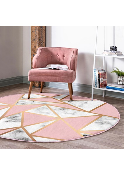 Real Homes Renkli Geometrik Desenli Mermer Motifli Dijital Baskılı Modern Pembe Banyo Yıkanabilir Kaymaz Tabanlı Yuvarlak Halı fırsatları