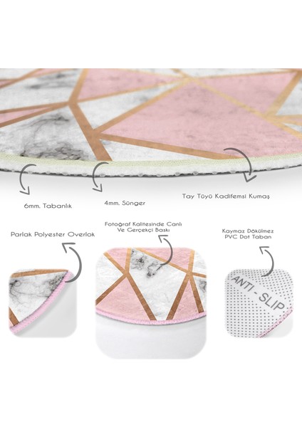 Real Homes Renkli Geometrik Desenli Mermer Motifli Dijital Baskılı Modern Pembe Banyo Yıkanabilir Kaymaz Tabanlı Yuvarlak Halı indirimleri