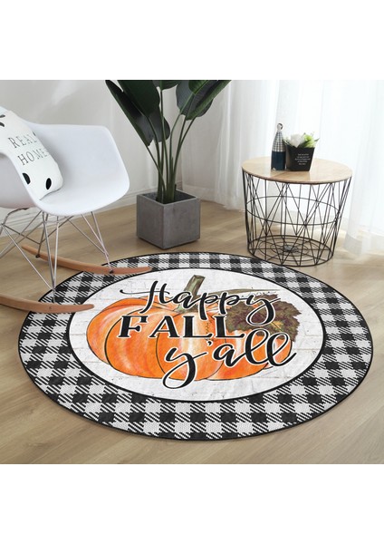 Real Homes Kabak Temalı Siyah Beyaz Ekose Tasarımlı Modern Turuncu Outdoor Yıkanabilir Kaymaz Tabanlı Yuvarlak Halı