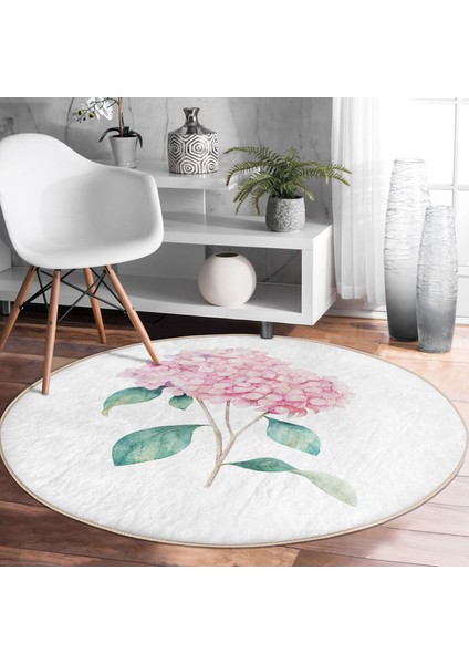 Real Homes Beyaz Zeminli Renkli Ortanca Çiçek Motifli Dijital Baskılı Modern Pembe Banyo Yıkanabilir Kaymaz Tabanlı Yuvarlak Halı fiyatları