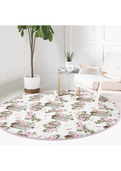 Real Homes Flower ve Çiçek Demetleri Özel Tasarım Dijital Baskılı Modern Pembe Salon Oturma Odası Yıkanabilir Kaymaz Tabanlı Yuvarlak Halı fiyatları