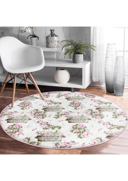 Real Homes Flower ve Çiçek Demetleri Özel Tasarım Dijital Baskılı Modern Pembe Salon Oturma Odası Yıkanabilir Kaymaz Tabanlı Yuvarlak Halı fırsatları