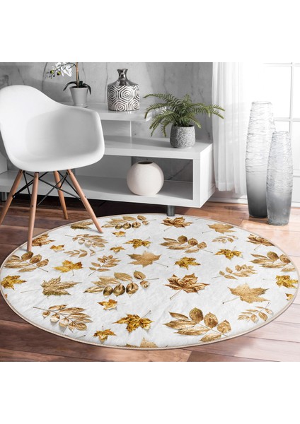 Real Homes Beyaz Zeminde Altın Yapraklar Desenli Dijital Baskılı Gold Salon ve Oturma Odası Yıkanabilir Kaymaz Tabanlı Yuvarlak Halı