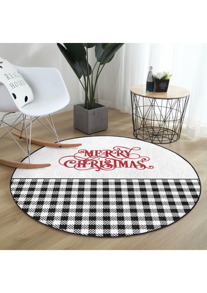 Real Homes Realhomes Mery Christmas Temalı Ekose Tasarımlı Modern Siyah Outdoor Yıkanabilir Kaymaz Tabanlı Yuvarlak Halı