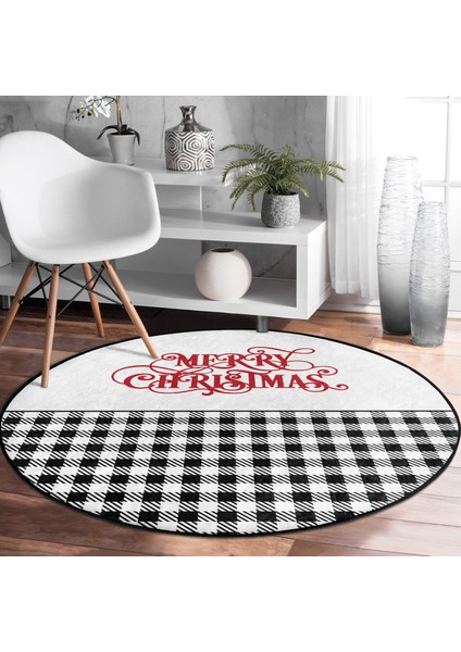 Real Homes Realhomes Mery Christmas Temalı Ekose Tasarımlı Modern Siyah Outdoor Yıkanabilir Kaymaz Tabanlı Yuvarlak Halı