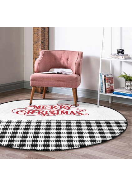 Real Homes Realhomes Mery Christmas Temalı Ekose Tasarımlı Modern Siyah Outdoor Yıkanabilir Kaymaz Tabanlı Yuvarlak Halı