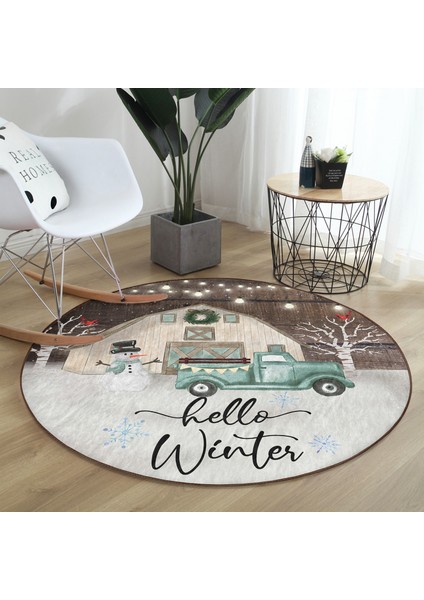 Real Homes Realhomes Kar Temalı Hello Winter Tasarımlı Kahverengi Outdoor Yıkanabilir Kaymaz Tabanlı Yuvarlak Halı